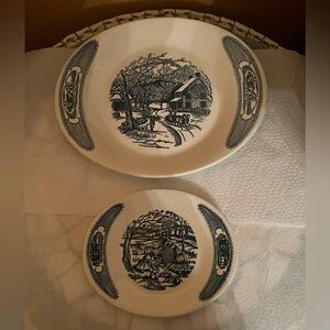 RARE 2 VINTAGE Edwin Knowles Currier & Ives blue platters likely by Royal China